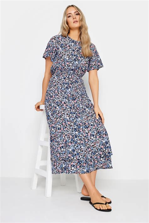 Lts Tall Womens Blue Floral Print Tie Waist Midi Dress Long Tall Sally