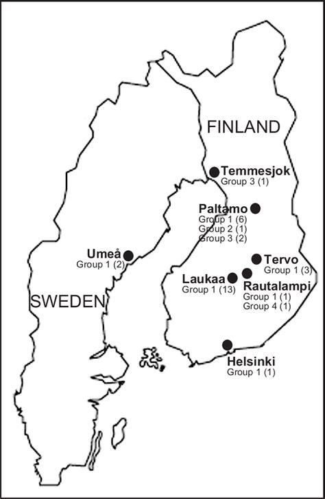 Map of Finland and Sweden showing location of sampling and distribution ...