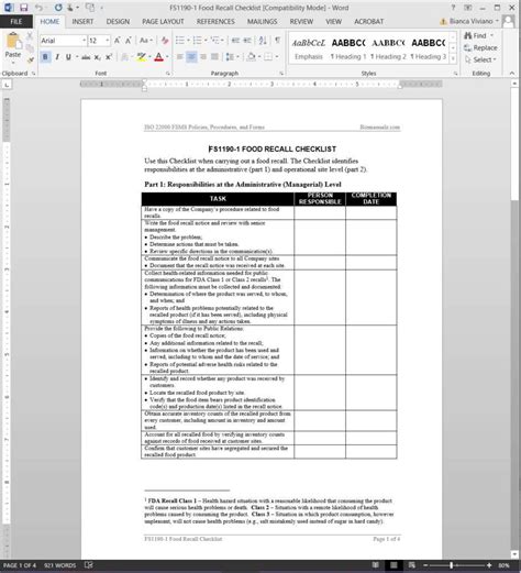 FSMS Food Recall Checklist Template