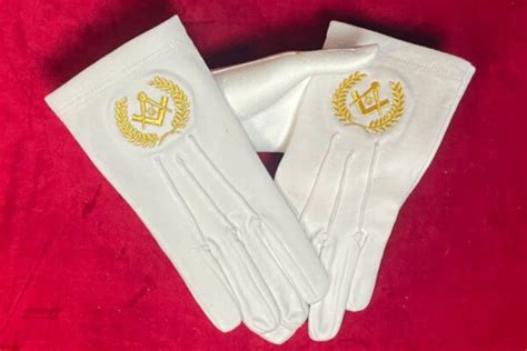 Gants Maçonniques Blancs Branches d Acacia dorées Equerre Compas