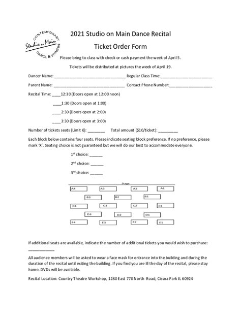 Fillable Online Studio On Main Dance Recital Ticket Order Form Fax