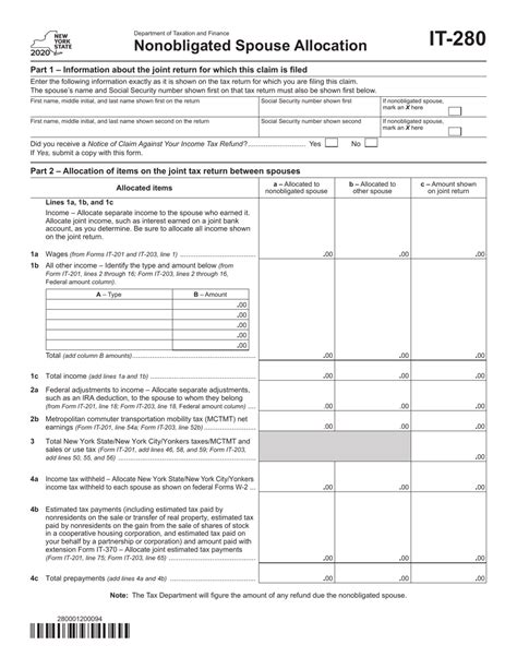 Form It 280 Download Fillable Pdf Or Fill Online Nonobligated Spouse Allocation 2020 New York