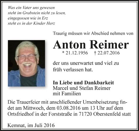 Traueranzeigen Von Anton Reimer Trauer De