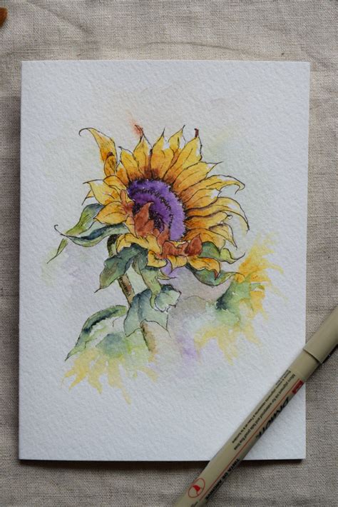 Sunflower Watercolor Painted Card Prints Only Etsy Sunflower Watercolor Painting Watercolor