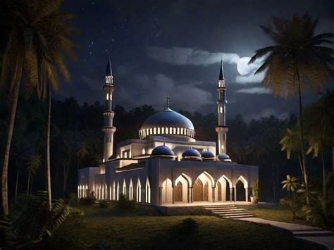 Mosque Of The Muslim Ummah At Night Moonlight With Palm Trees I 2024