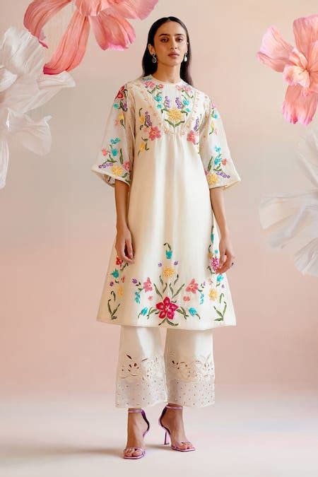 Buy Ivory Chanderi Embroidery Floral Round A Line Kurta With Pant For