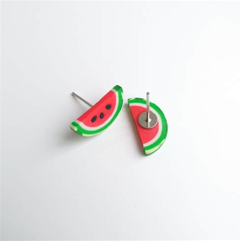 Watermelon Earrings Tiny Fruit Stud Red Green Fruit Slice Etsy