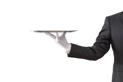 Waiter Holding Empty Silver Tray Isolated White Background Stock Photo