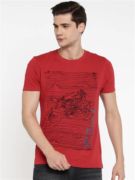 Buy Wrangler Men Red Printed Round Neck Pure Cotton T Shirt Tshirts