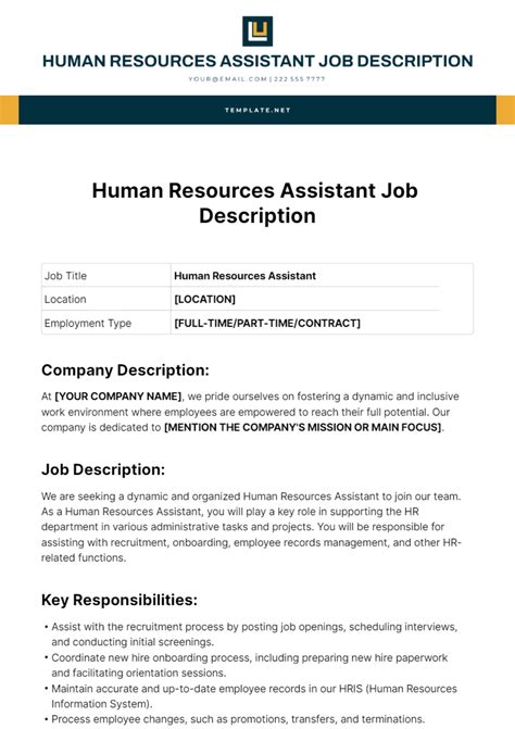 Free Human Resources Assistant Job Description Template Edit Online