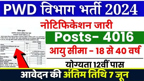 Pwd Bharti 2024 पीडब्ल्यूडी विभाग में 12वी पास के 4016 पदों के लिए