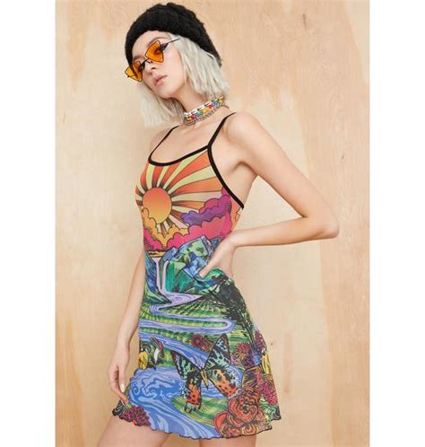 Current Mood Landscape Print Mesh Dress Rainbow Multi Dolls Kill