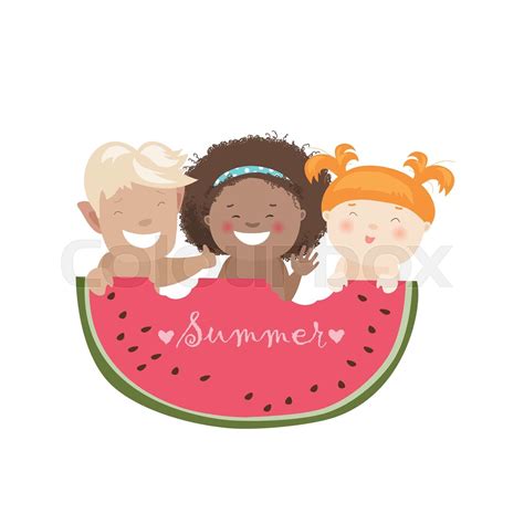 Funny children eating watermelon | Stock vector | Colourbox