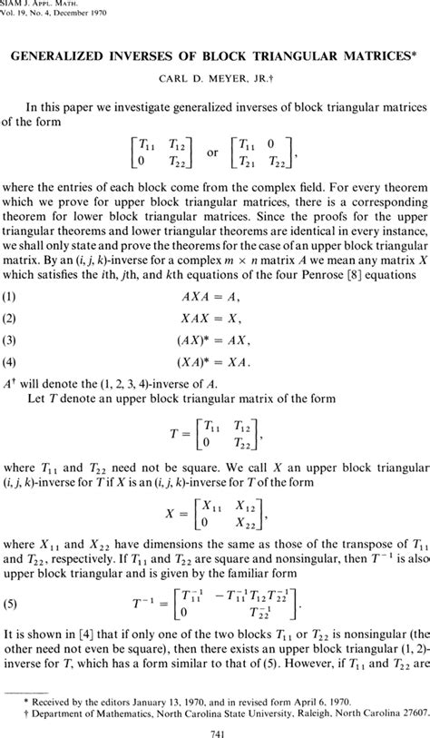 Generalized Inverses Of Block Triangular Matrices Siam Journal On