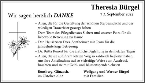 Traueranzeigen von Theresia Bürgel Augsburger Allgemeine Zeitung