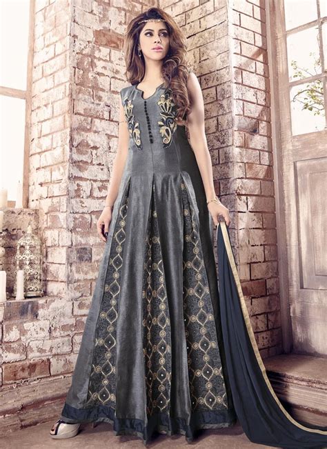 Shop Banarasi Silk Long Length Designer Anarkali Suit For Festival Online