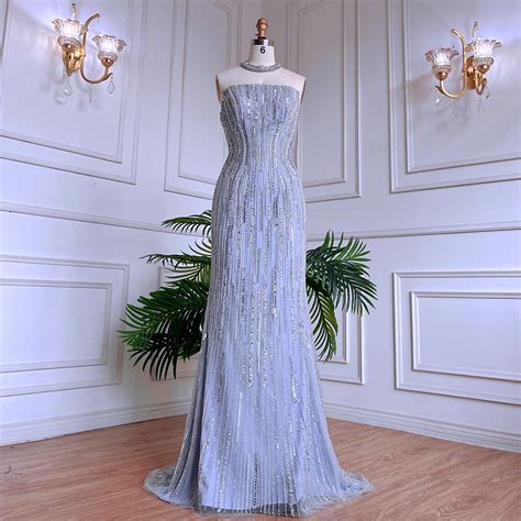 Blue Strapless Puff Sleeve Mermaid Evening Dresses Serene Hill La71823