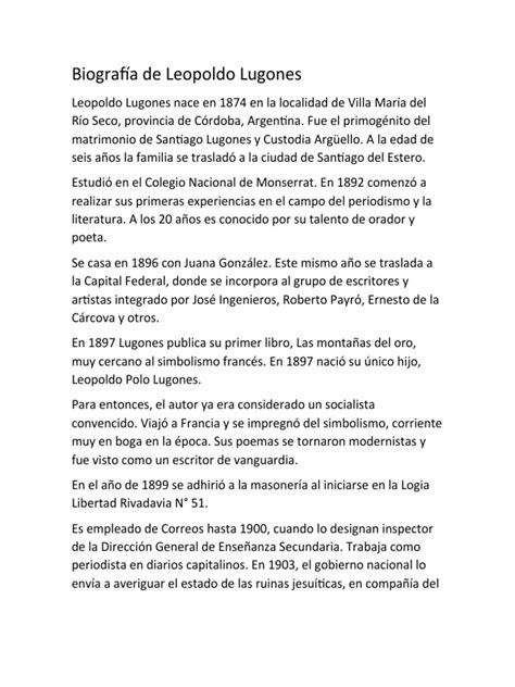Biografía De Leopoldo Lugones Pdf Argentina