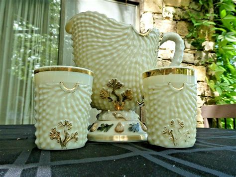 Antique Northwood Custard Glass Argonaut Water Setpitcher And 2 Tumblers Signed 3842739878