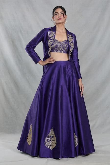 Buy Blue Raw Silk Embroidery Sequin Lapel Collar Blazer Jacket Lehenga