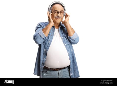 Cheerful Mature Man With Headphones Listening To Music Isolated On
