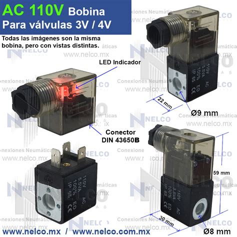 Solenoide V Ac Para Valvula Neumatica Con Conector Din Con Led