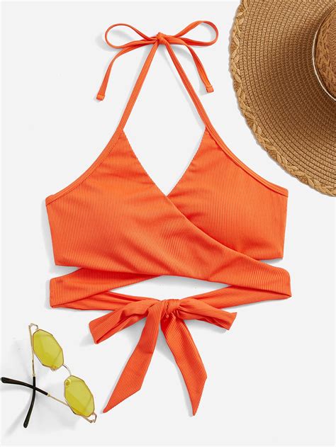 Rib Knit Wrap Cross Tie Back Halter Bikini Top SHEIN USA