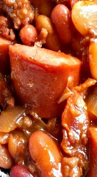 Three Meat Crock Pot Cowboy Beans Beans Recipe Crockpot Baked Beans