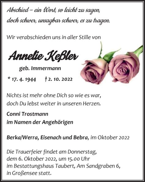 Traueranzeigen Von Annelie Ke Ler Trauer In Thueringen De