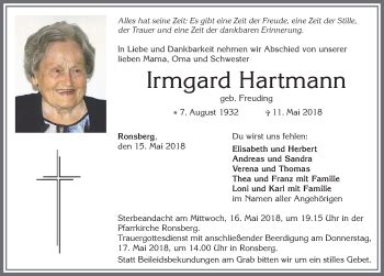 Traueranzeigen Von Irmgard Hartmann Allg Uer Zeitung