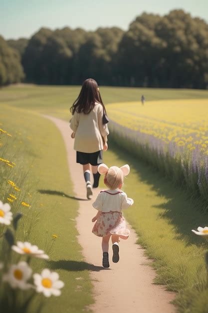 Una Madre Y Su Hija Caminan Por Un Sendero En Un Campo De Flores