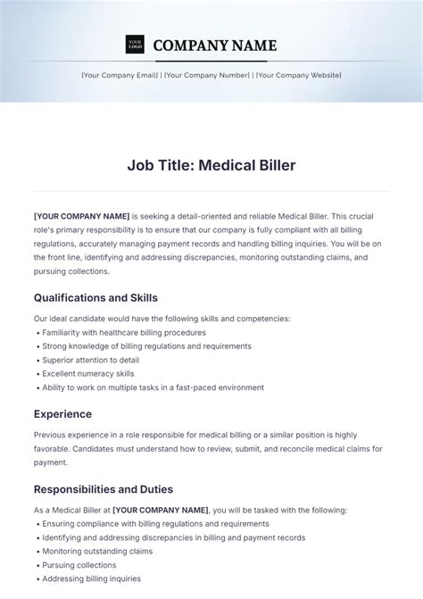 Free Medical Biller Job Description Template To Edit Online