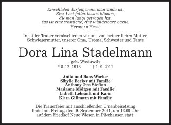 Traueranzeigen Von Dora Lina Stadelmann Stuttgart Gedenkt De