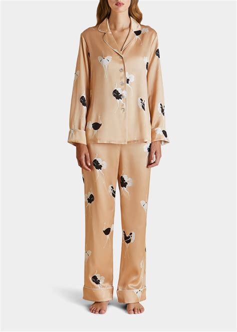 Olivia Von Halle Lila Capricia Ostrich Print Silk Pajama Set Editorialist