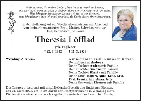 Traueranzeigen Von Theresia L Fflad Augsburger Allgemeine Zeitung