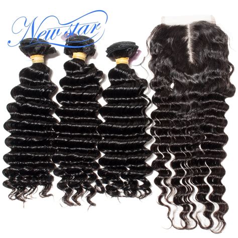 Deep Wave 3 Bundles Weft With A Middle Part Lace Closure Brazilian