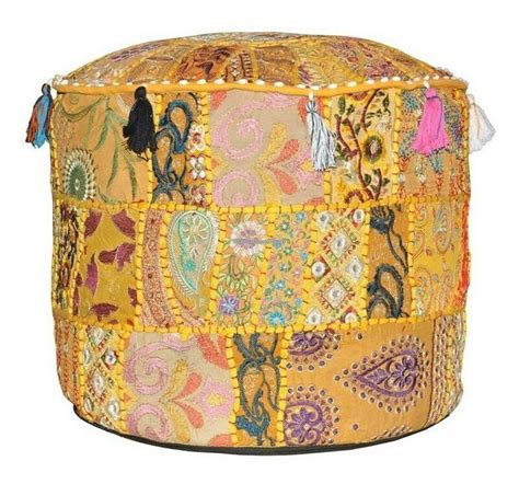 Beautiful Yellow Round Ottoman Pouf Cover Indian Handmade Pouf Etsy