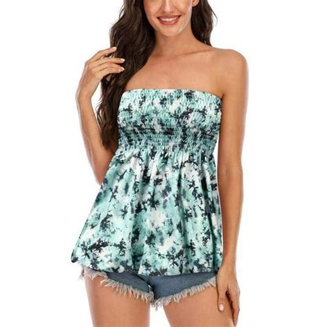 Plus Size Women Holiday Floral Print Strapless Pleated Tube Top Shirt