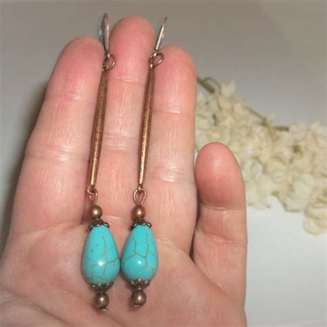 Wvluckygirl Jewelry Long Boho Earring Set Turquoise Blue Copper