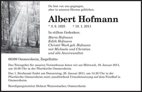 Traueranzeigen Von Albert Hofmann Saarbruecker Zeitung Trauer De