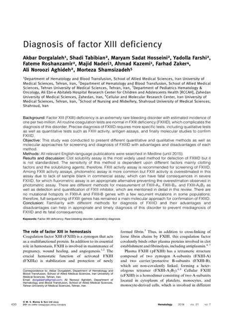 Diagnosis Of Factor Xiii Deficiency Pdf Coagulation Platelet