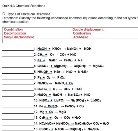 Types Of Chemical Reactions Worksheets Library