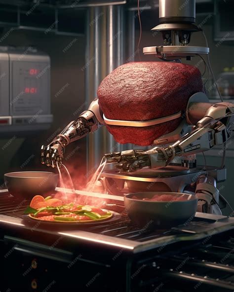 Premium Photo A Robot Cooking In A Kitchen With A Robot Cooking Meat