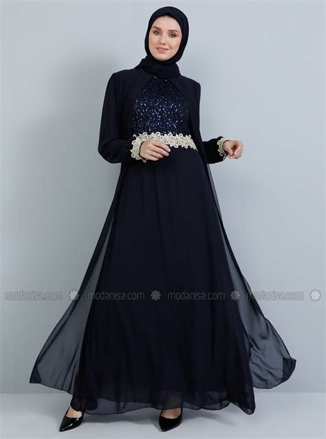 Navy Blue Fully Lined Crew Neck Muslim Evening Dress