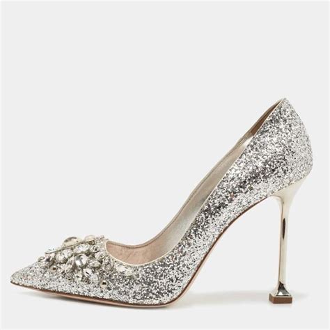 Miu Miu Silver Studded Glitter Pointed Toe Pumps Size 385 Miu Miu