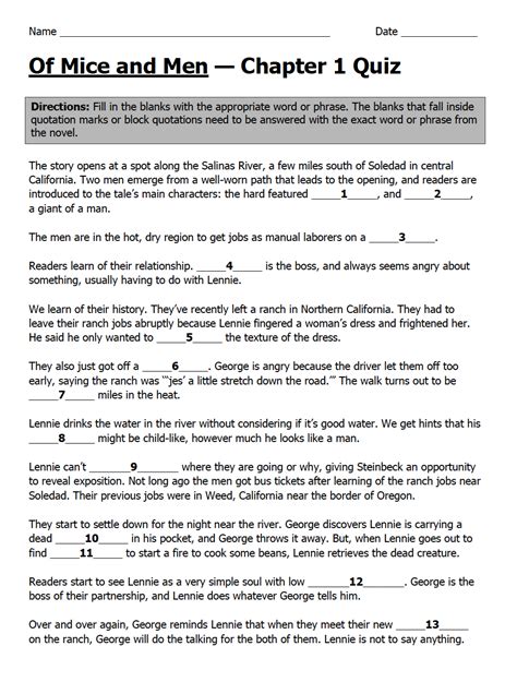 Of Mice And Men Chapter Quiz John Steinbeck Teaching Resources