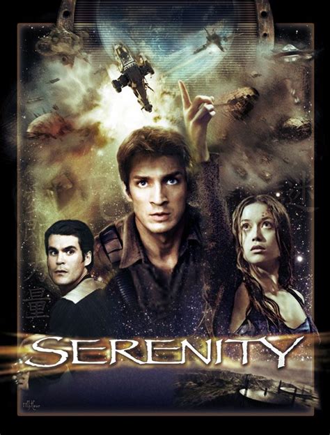 The Poster For Serenity Is Shown In Front Of An Image Of Two Men And A