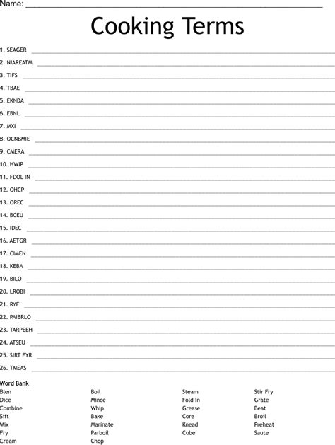 Common Cooking Terms Worksheet