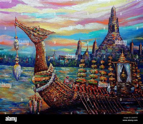 Art Painting Oil Color Royal Barge Thailand Suphannahong Boat