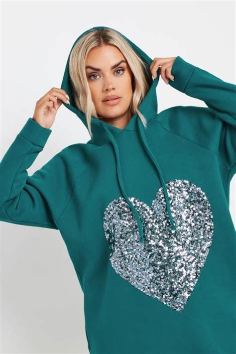 Yours Plus Size Teal Blue Sequin Embellished Heart Hoodie Dress Yours